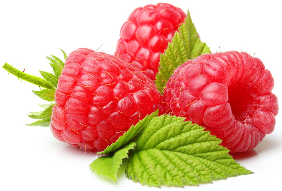 Three Raspberries, one cored, the other two with stem and leaves on white background.Juice Powder - Organic Fruit Powders Z Natural Foods 5 lbs 