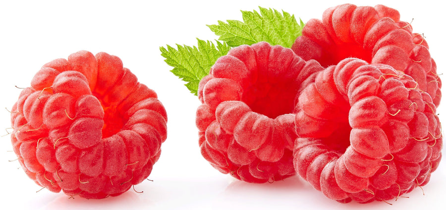 Image of four colored Raspberries on white background.