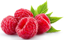 Red Raspberries sitting on white background image with green leaf's
