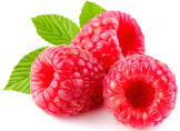 close up image of 3 Red Raspberry on white background with 3 green leaves