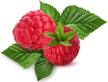close up image of 2 Red Raspberry on white background with green leaves