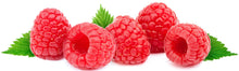 close up image of 4 Red Raspberry on white background with 3 green leaves