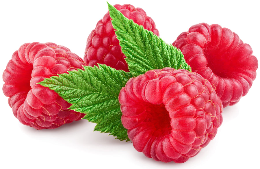 close up image of 4 Red Raspberry with 2 green leaves on white background
