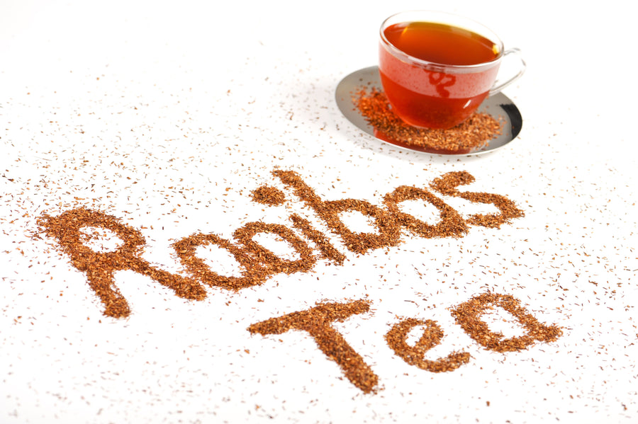 Image of Rooibos Tea (Red) spelling out Rooibos and a cup of tea