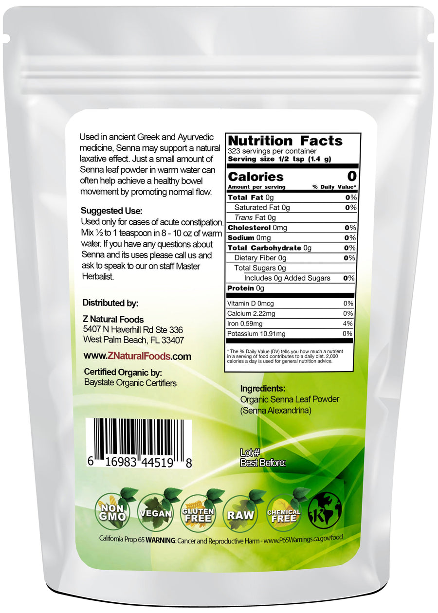 Image of back of 1 lb bag of Senna Leaf Powder - Organic Vegetable, Leaf & Grass Powders Z Natural Foods
