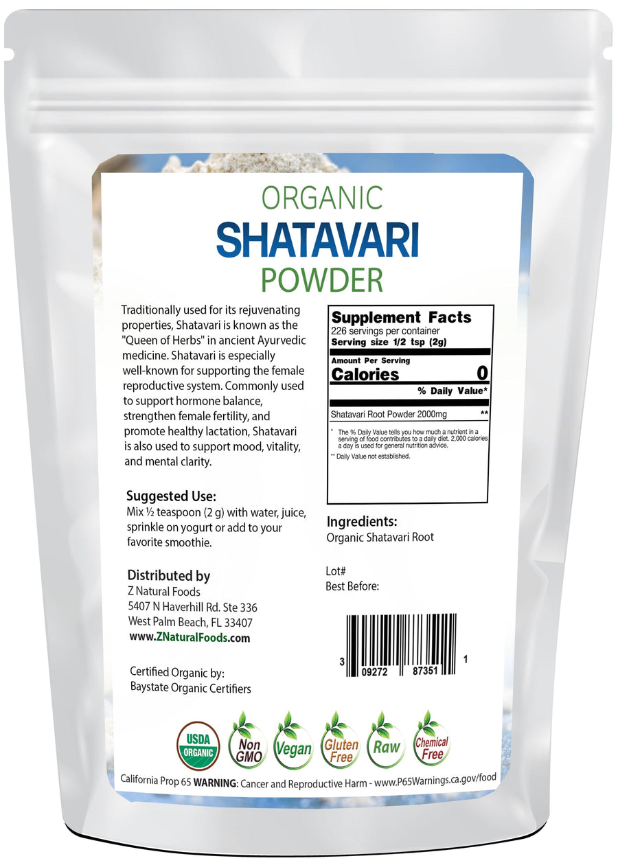 Photo of back of 1 lb bag of Shatavari Powder - Organic Herbs & Spices Z Natural Foods 