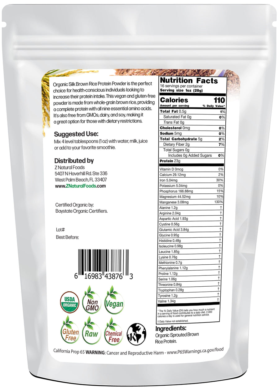 Back of bag image of Silk Brown Rice Protein Powder - Organic Proteins & Collagens Z Natural Foods 
