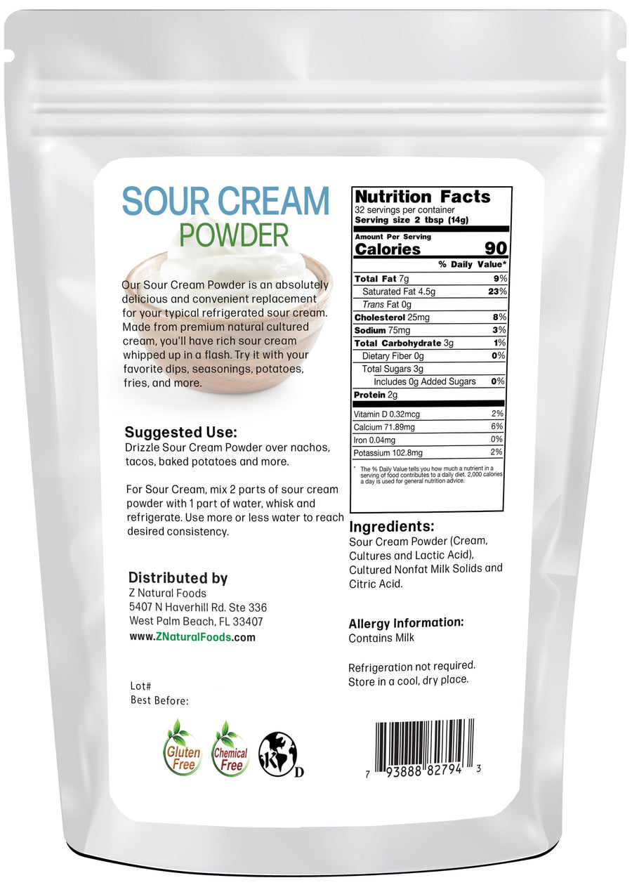 Photo of back of 1 lb bag of Sour Cream Powder Sour Cream Z Natural Foods 