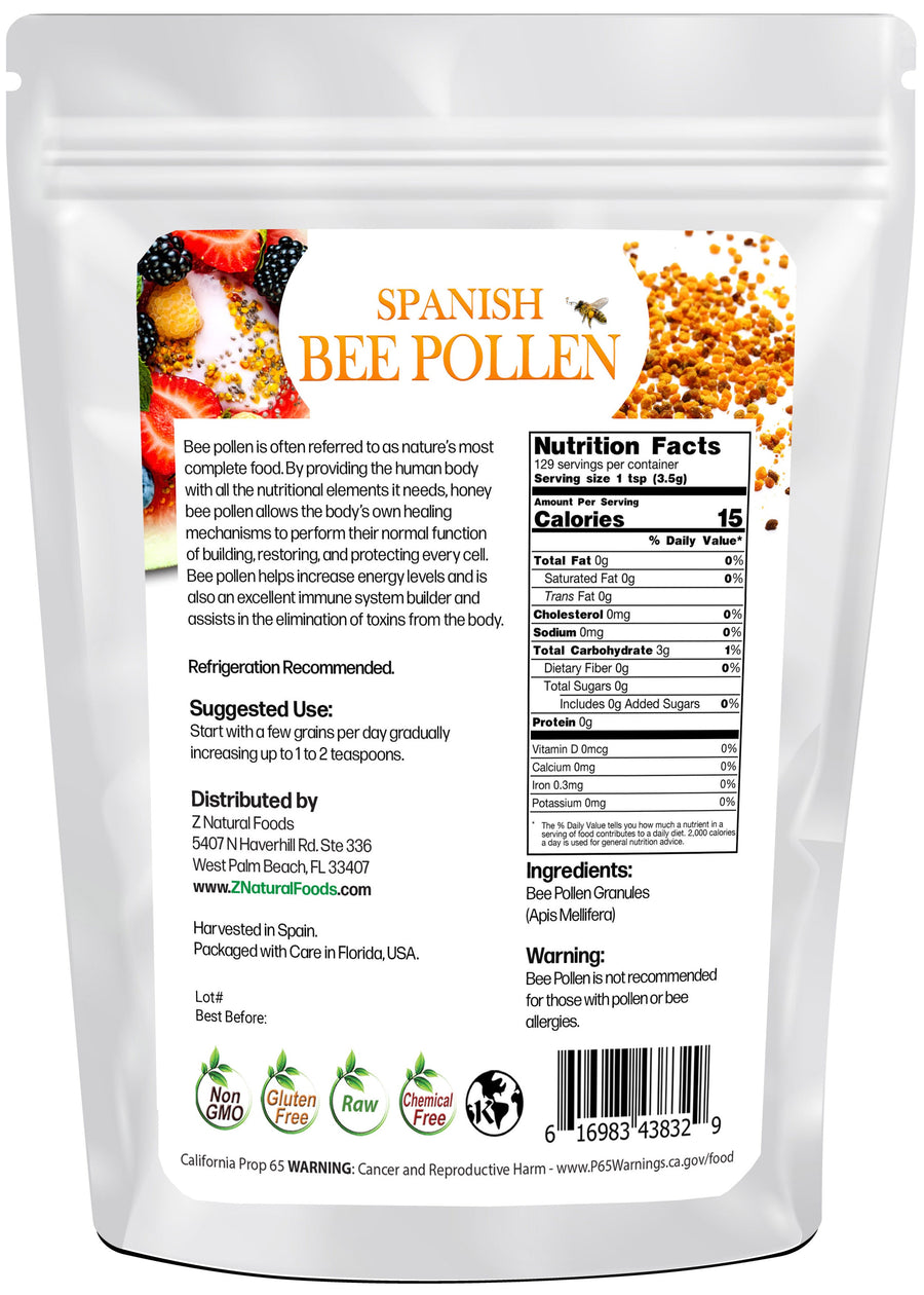 Back of the bag image of Spanish Bee Pollen 1 lb from Z Natural Foods