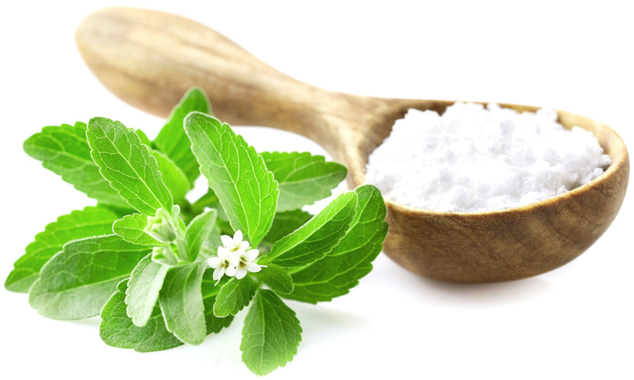 Small white bowl full of white Stevia Extract Powder (Debittered) and wood spoon with several green stevia plant leaves
