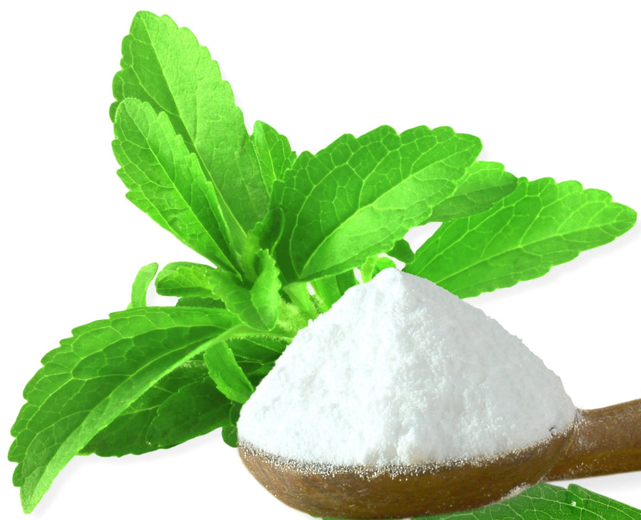 Stevia Extract Powder on wooden spoon with green leaf