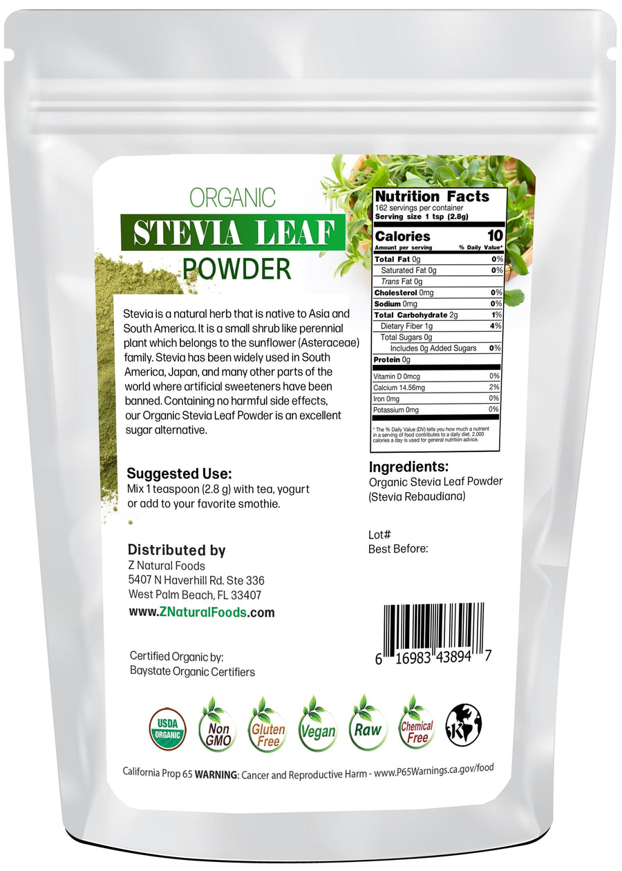 Stevia Leaf Powder - Organic back of the bag image Z Natural Foods 