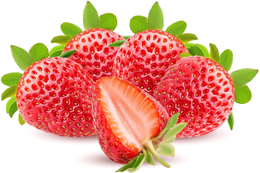 Image of 4 fresh bright red strawberries and 1 that's been quartered