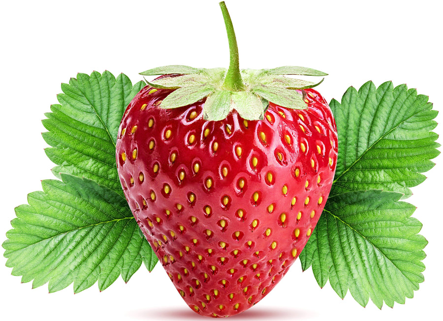 Image of a fresh bright red Strawberry surrounded by green leaves