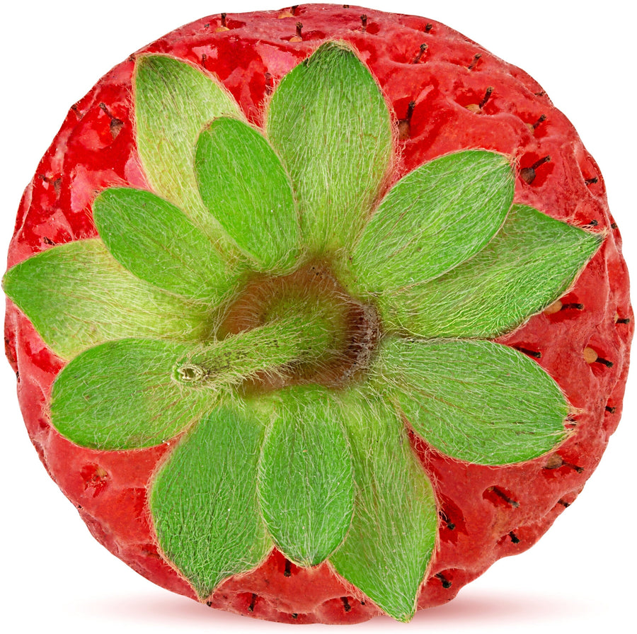 Stem view Image of a bright red fresh strawberry