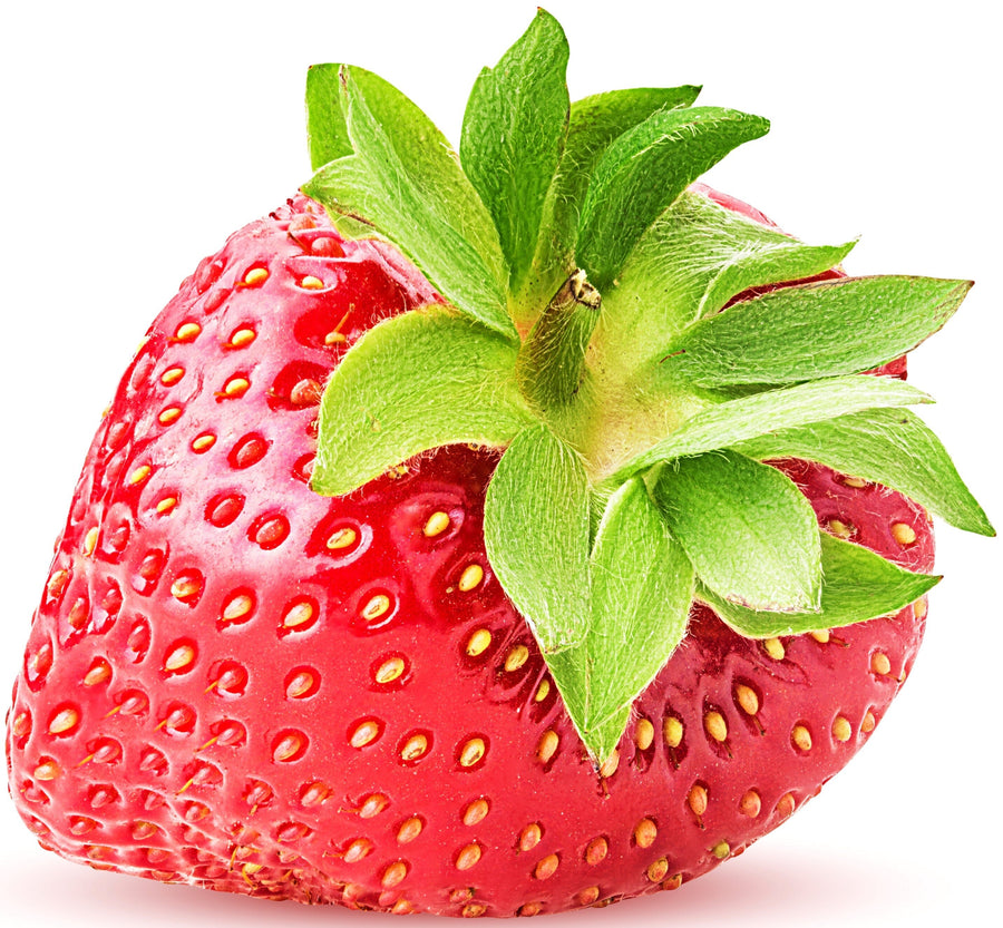 whole Strawberry with green stem and leaves on white background