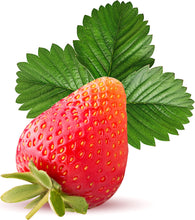 Strawberry with green stem with 3 green leaves surrounding it on white background