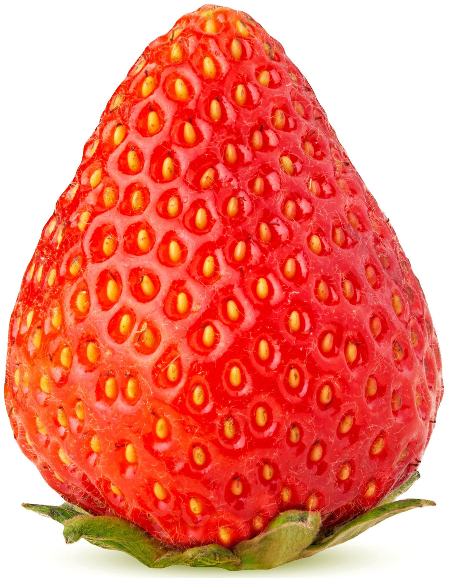 Strawberry sitting up on white background. Strawberry has green leaves