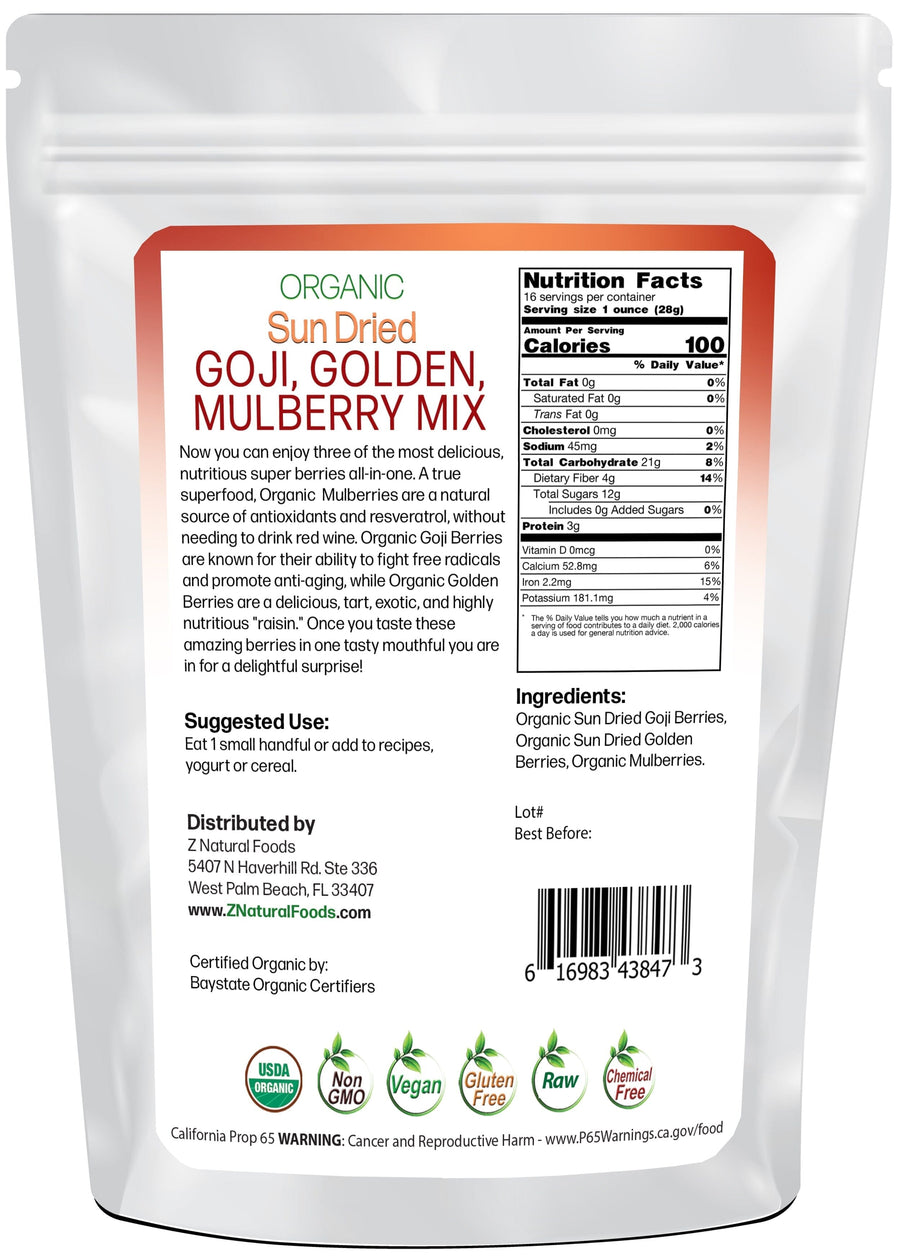 Sun Dried Goji, Golden, Mulberry Mix - Organic back of the bag image Z Natural Foods 