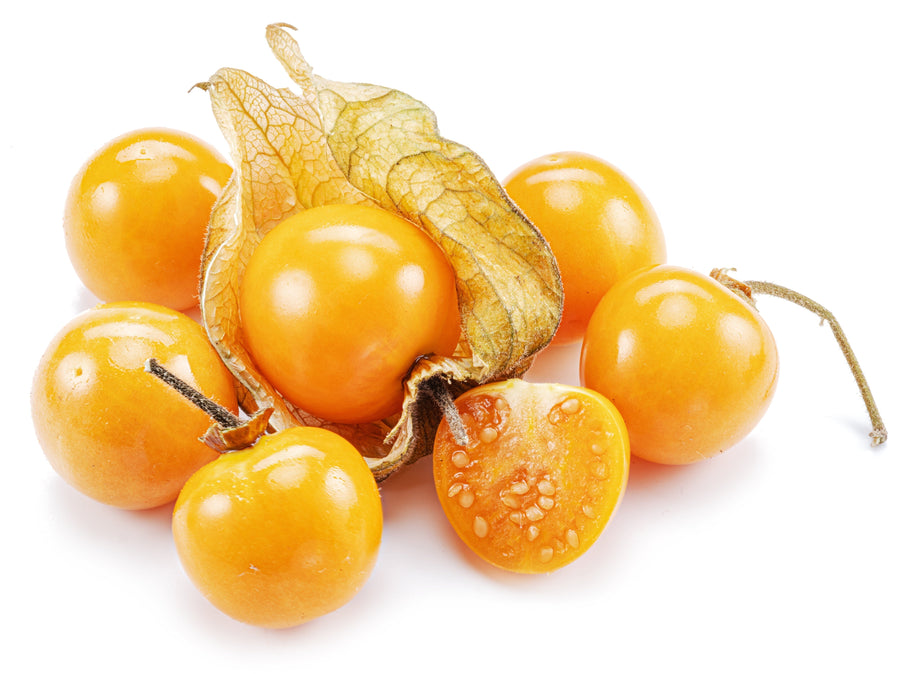 Image of five whole Golden Berries with one halved golden berry in front