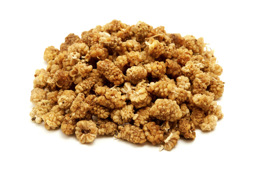 Pile of Sun Dried White Mulberries on white background