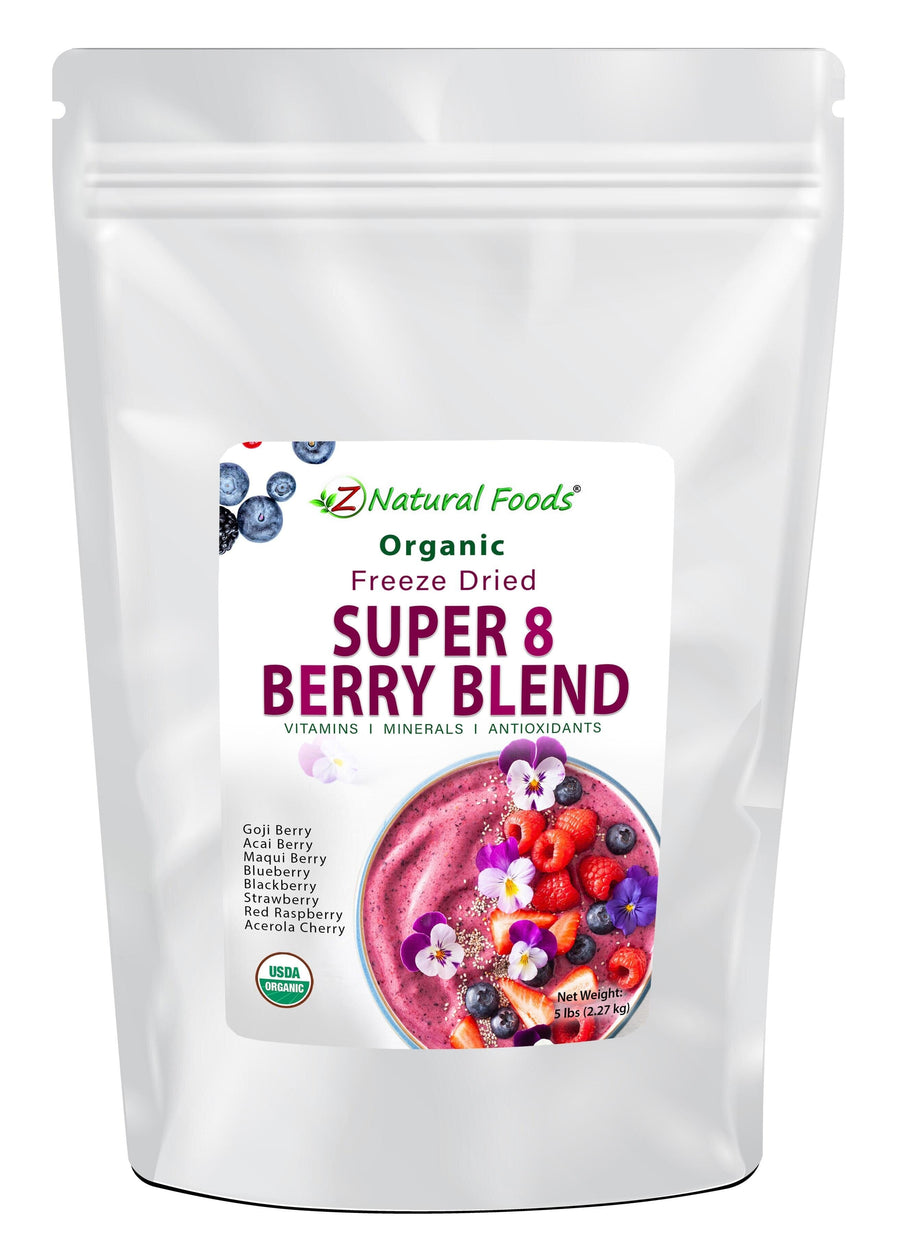 Photo of front of 5 lb bag of  Super 8 Berry Blend - Organic Freeze Dried Fruit Powders Z Natural Foods 