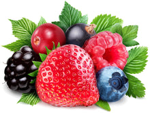 Image of Mix Berries of a Cranberry, blueberries, strawberries, blackberries and raspberries with green leaves