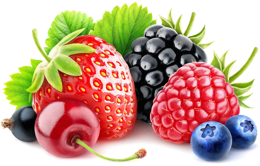 Mix Berries of a Cherry, blueberries, strawberries, blackberries and raspberries with 2 green leaves