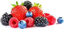Mix Berries of blueberries, strawberries, blackberries and raspberries with 2 green leaves
