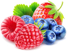 Mix Berries of blueberries, a strawberry and 2 raspberries with 2 green leaves