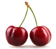 Photo of 2 fresh dark red tart cherries connected at the top by a stem