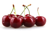 Photo of several dark red Tart Cherries with green stems on white background