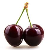 Photo of 2 deep red tart cherries connected at the top by a stem
