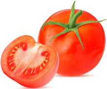 Image of Sliced Tomato with whole tomato with green stem on white background