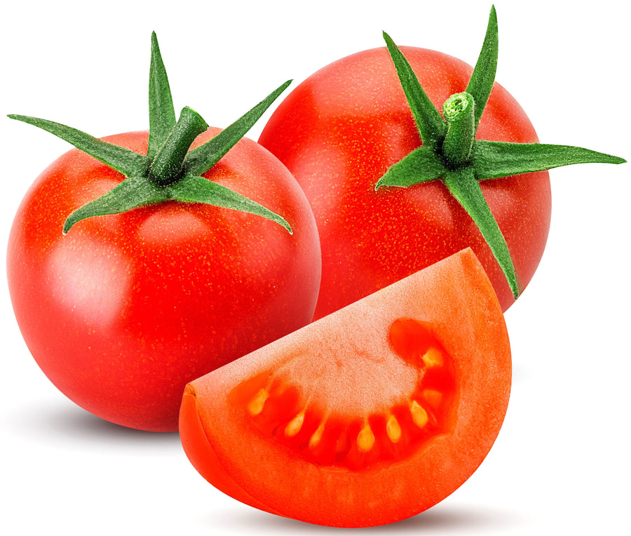 Image of Sliced Tomato with green stem with 2 tomatoes on white background