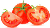 Image of slice Tomatoes on white background and 1 full tomato with green stem