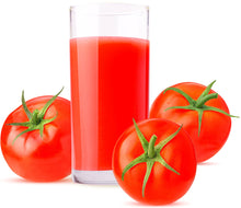 Image of 3 Tomatoes on white background with tomato juice in glass