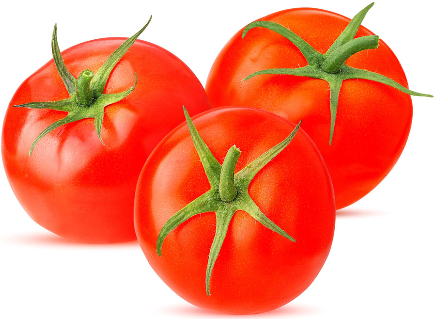 Image of 3 Tomatoes on white background with green steam