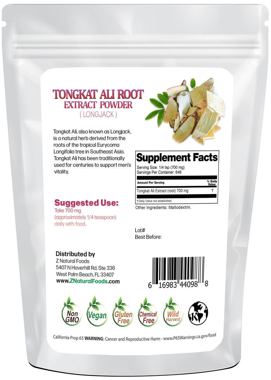 1 lb Tongkat Ali Root Extract Powder (Longjack) Back of bag image