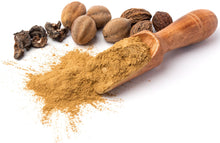 Image of Triphala (Trifala) Powder - Organic in wooden serving scoop with the whole fruit ingredients of Triphala in the background