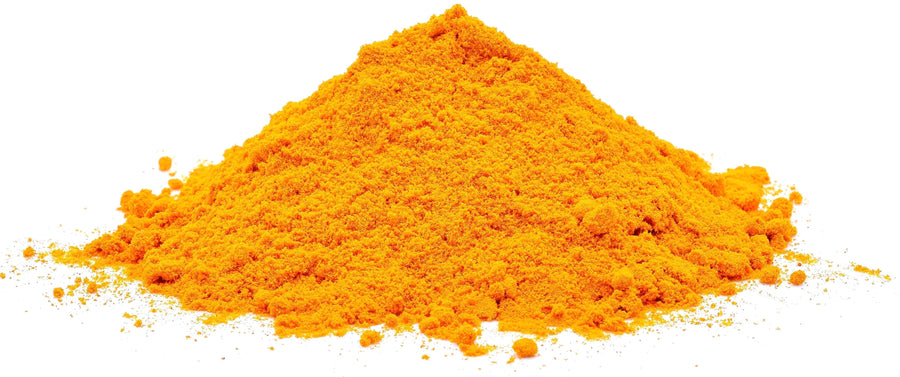 Closeup image of Curcumin Extract Powder on white background.