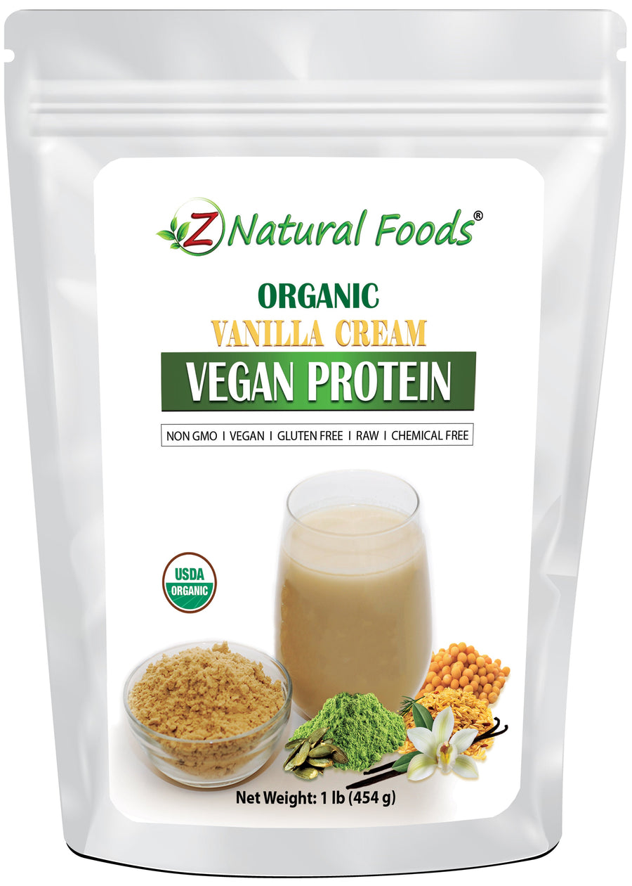 Photo of front of 1 lb bag of Z Natural Foods Organic Vanilla Cream Vegan Protein front bag image