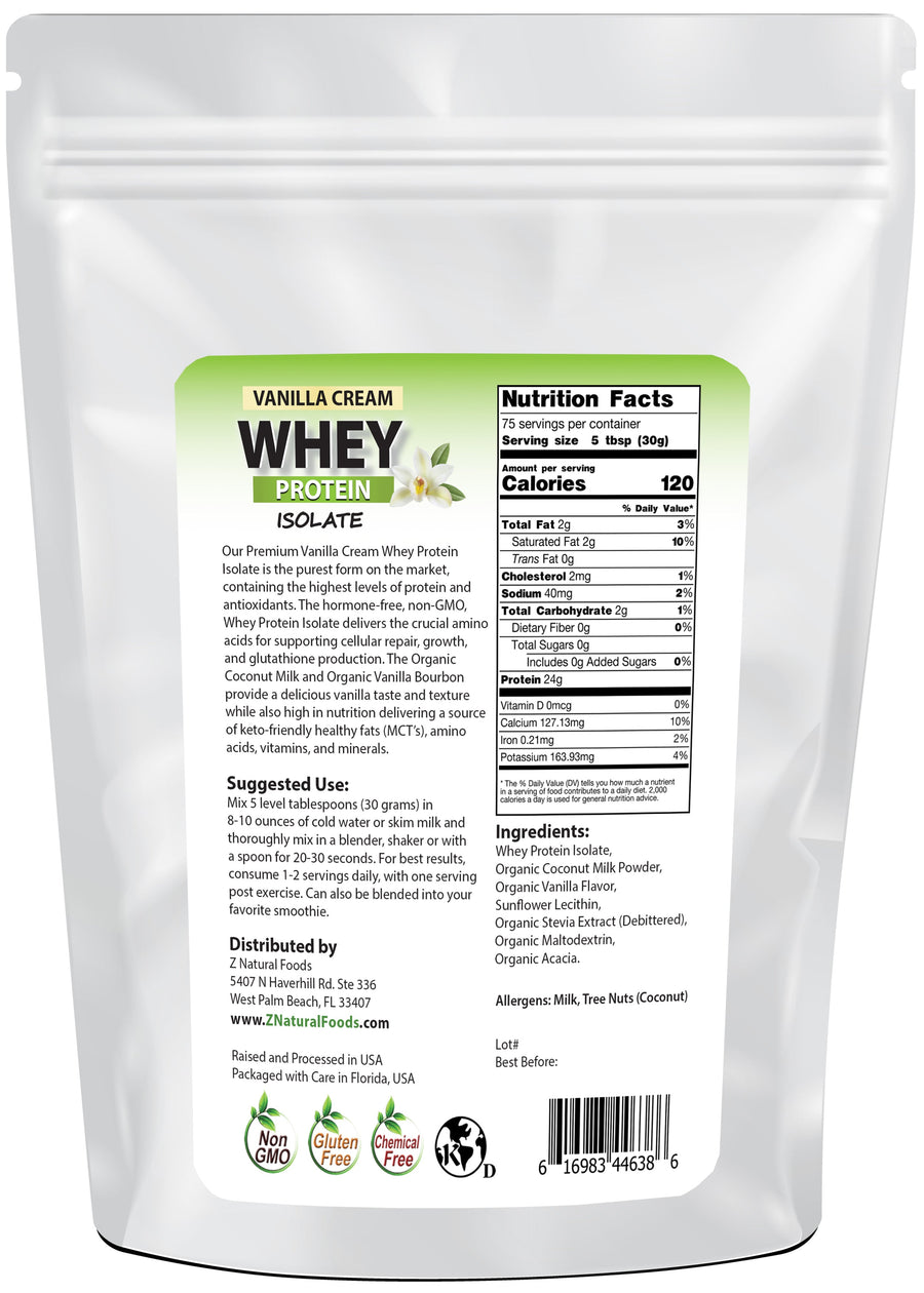 Photo of back of 5 lb bag of Vanilla Cream Whey Protein Isolate