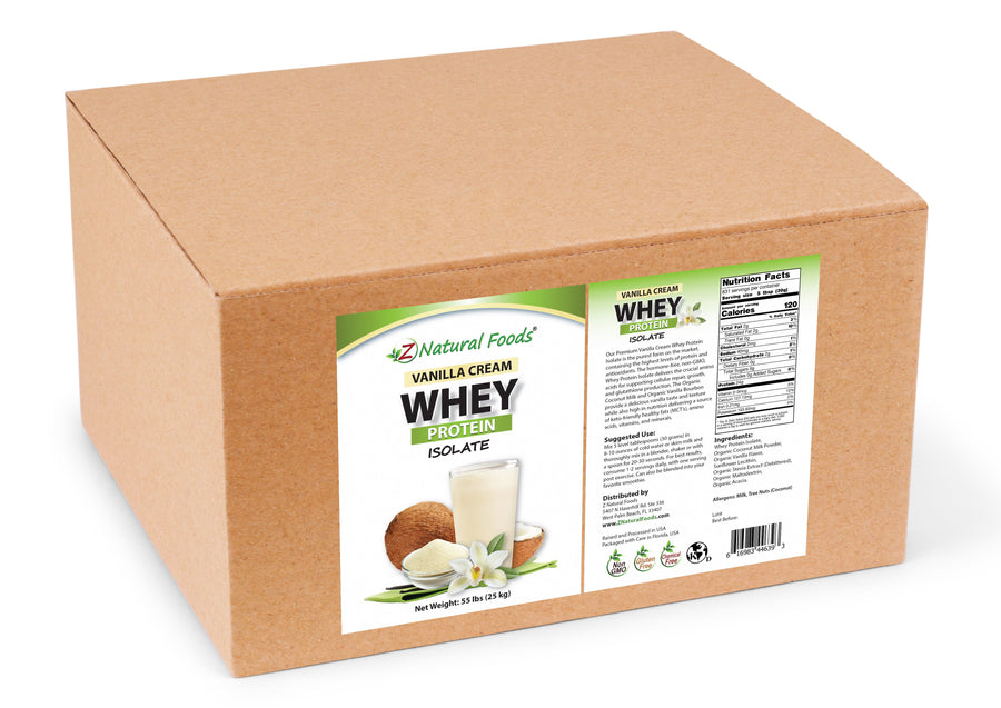 Photo of front and back label of Vanilla Cream Whey Protein Isolate bulk