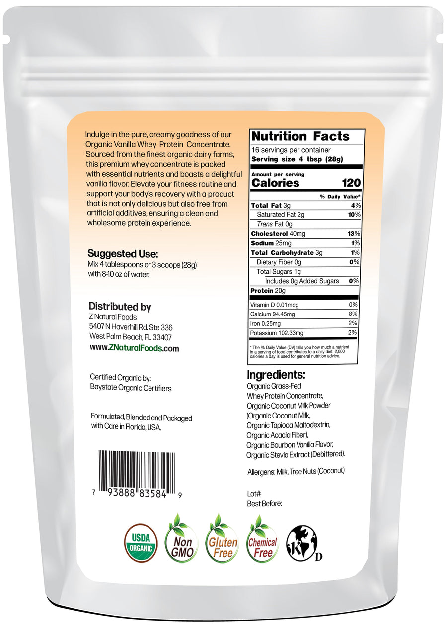 Organic Grass-Fed Vanilla Whey Protein Concentrate back of the bag image 1 lb