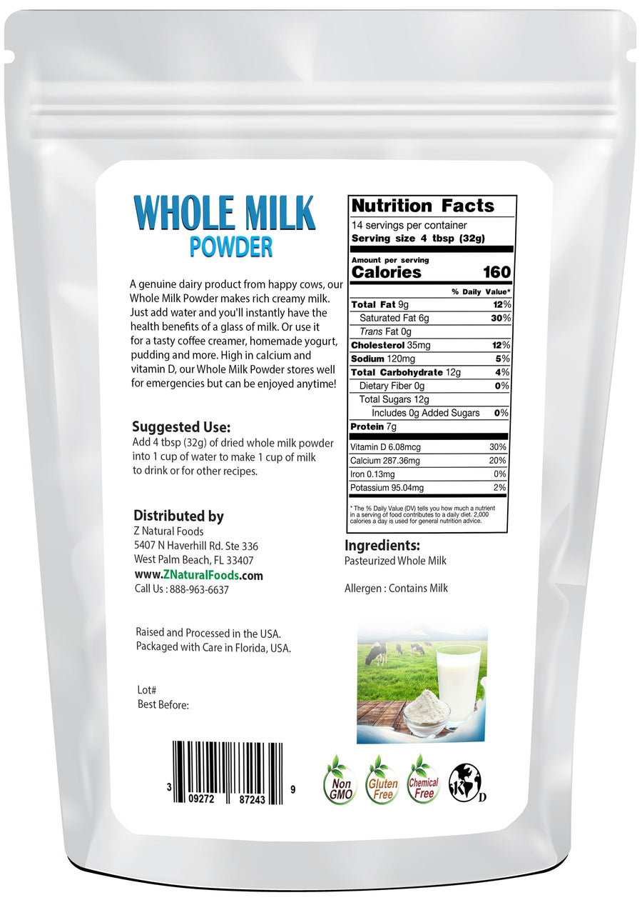 Photo of back of 1 lb bag of Whole Milk Powder