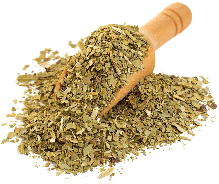 Image of Yerba Mate Tea Green shreds and a wooden scoop
