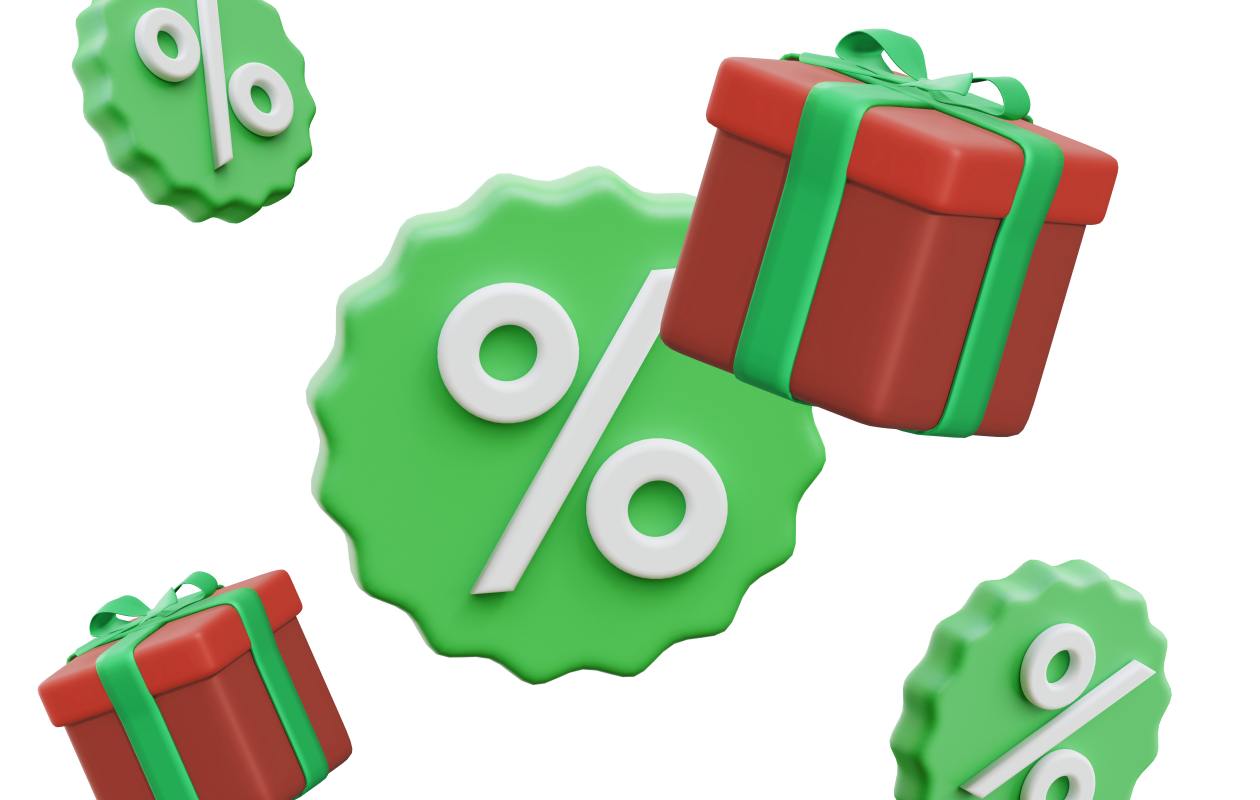 Image of wrapped gifts and percentage signs depicting a sale