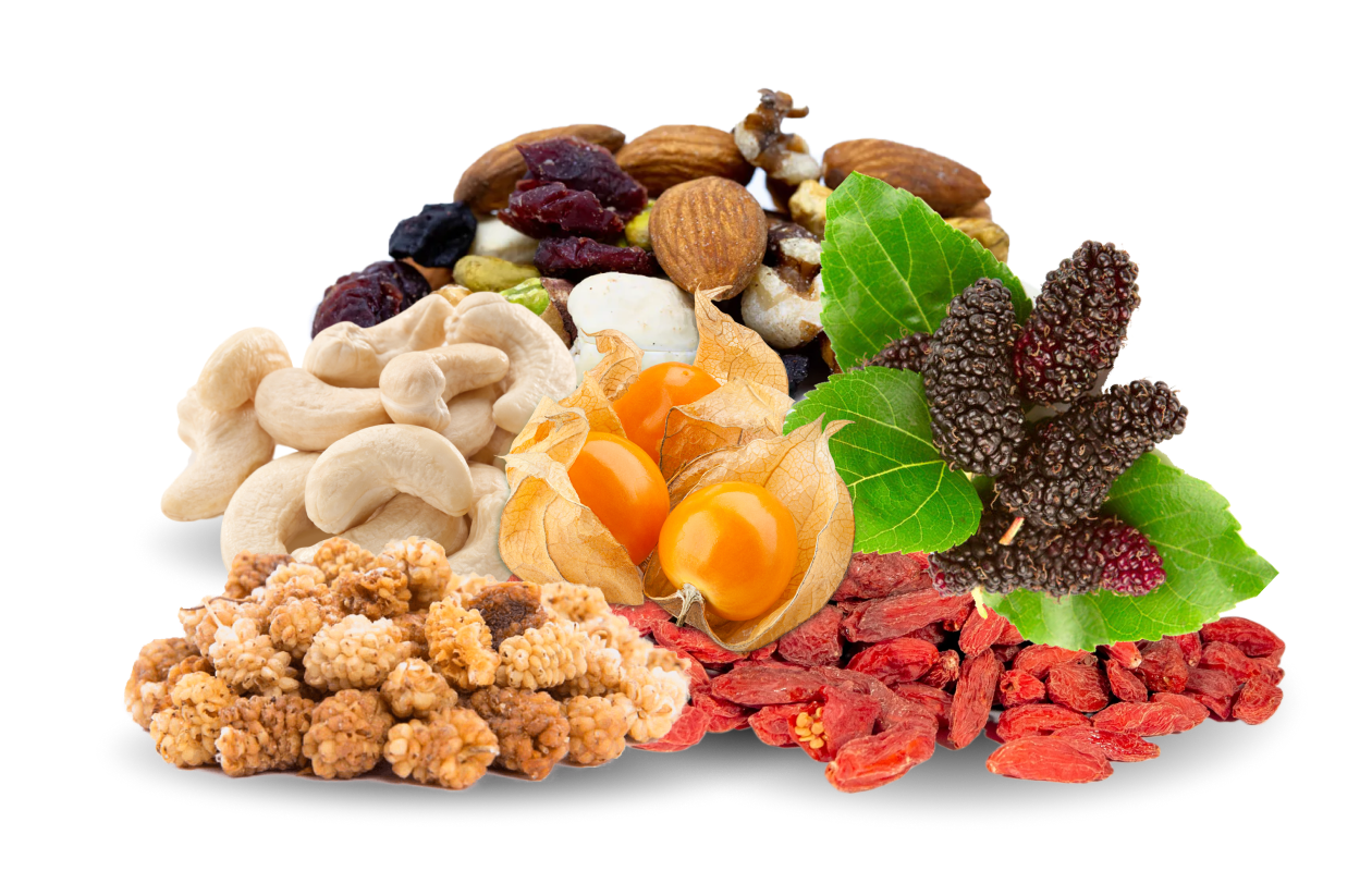 Image of assorted nuts and sundried berries including cashews, almonds, and sundried Goji berries.