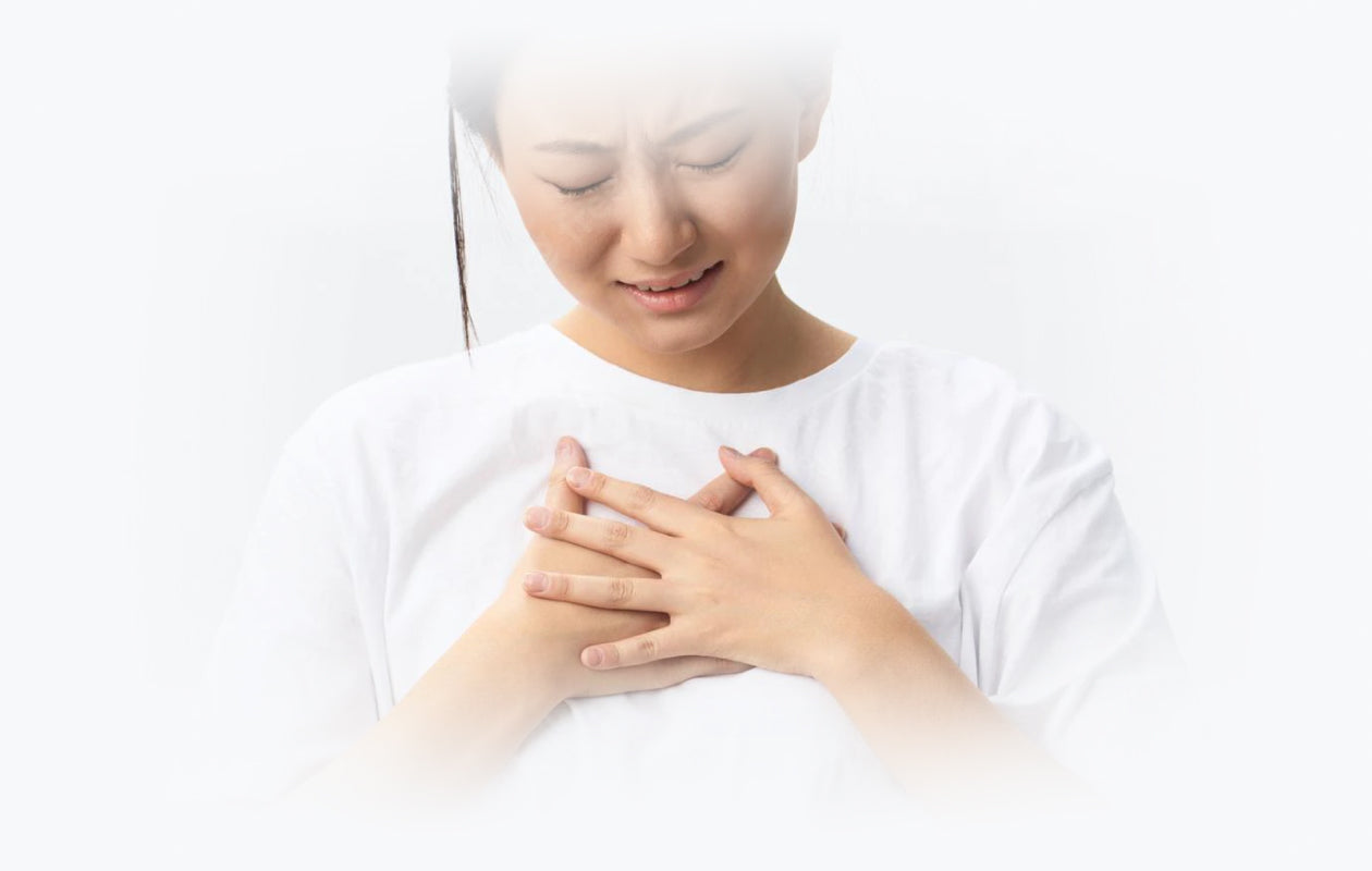 Photo of girl holding chest because of emphysema